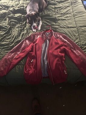 Men's Red Bomber Jacket with Faux-Leather Accents